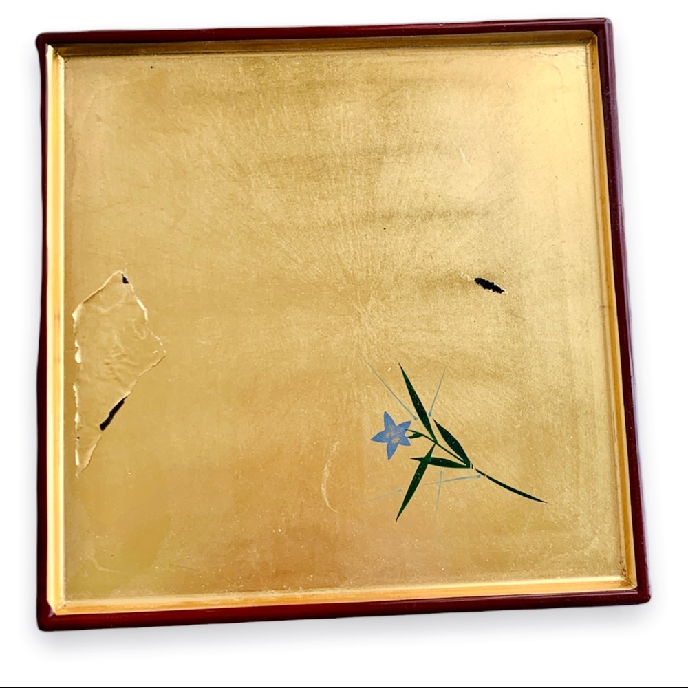 Antique Japanese Red And Gold Leaf Lacquered Tray